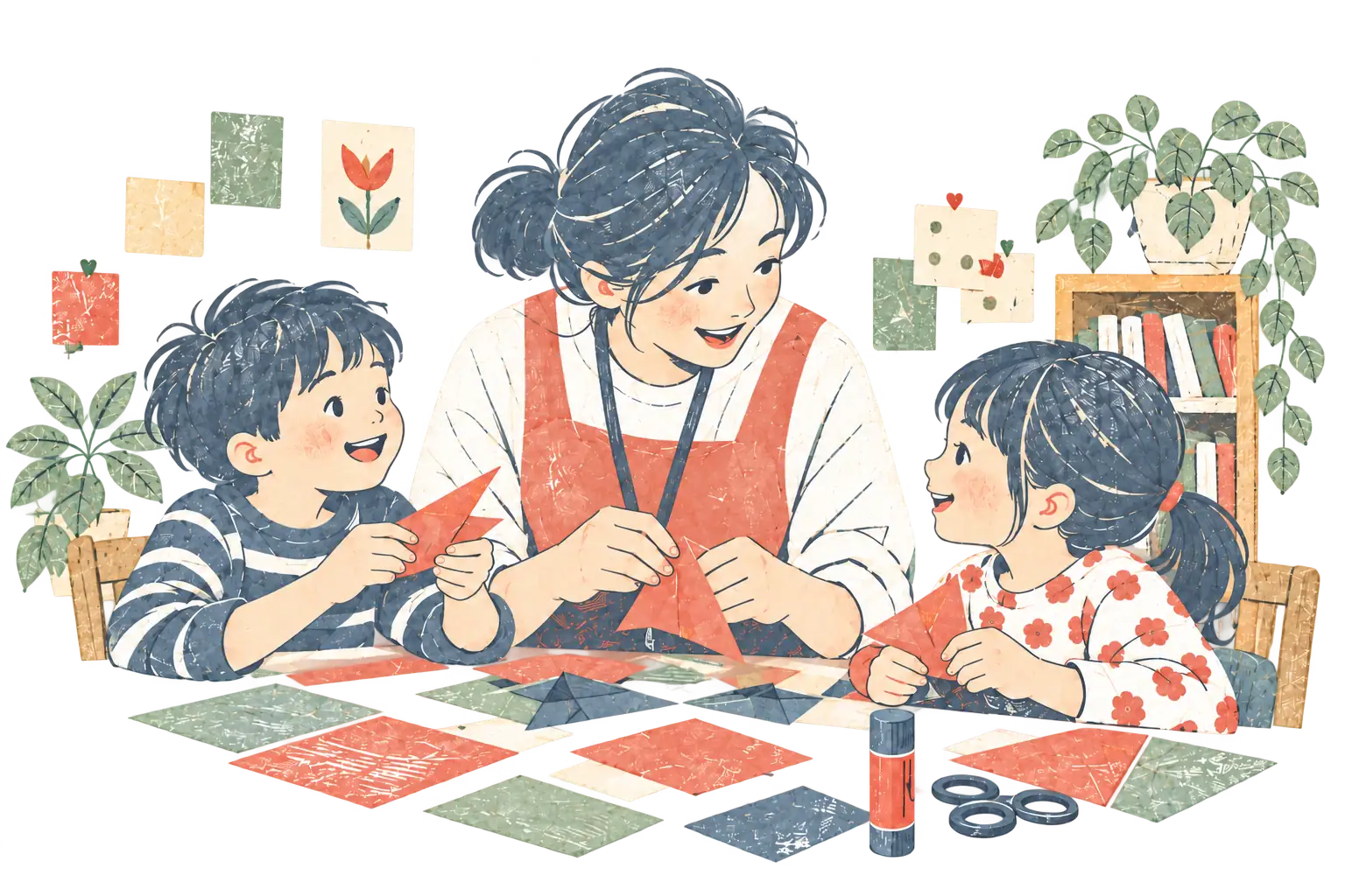 先生と子どもが工作をしている様子。先生がスマートフォンで記録し、ご家庭に届く